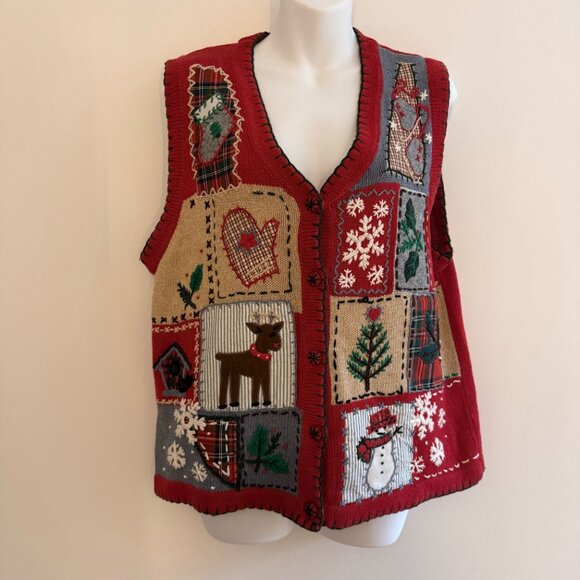VINTAGE Christmas Sweater Vest | Patchwork Snowmen, Trees & Reindeer | Size M - Picture 3 of 9